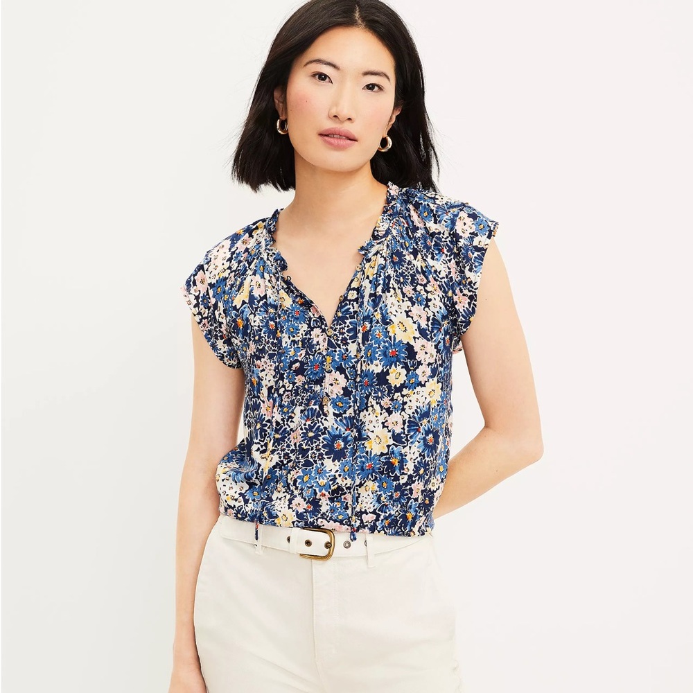 LOFT Women's Garden Button Tie Neck Floral Top - Blue and Yellow